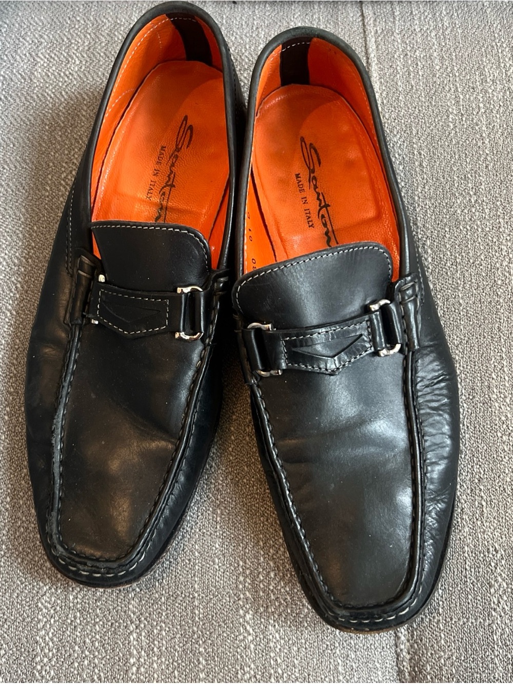 Santoni Black Leather Bit Loafers with Orange Insole